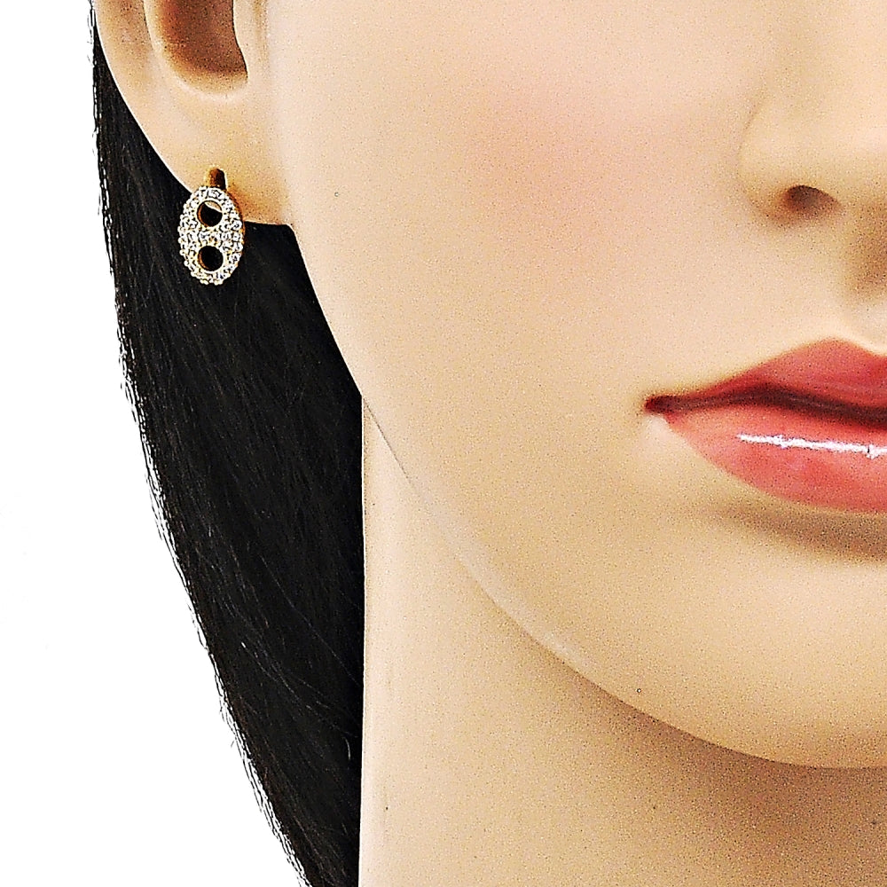 Oro Laminado Stud Earring, Gold Filled Style Puff Mariner Design, with White Micro Pave, Polished, Golden Finish