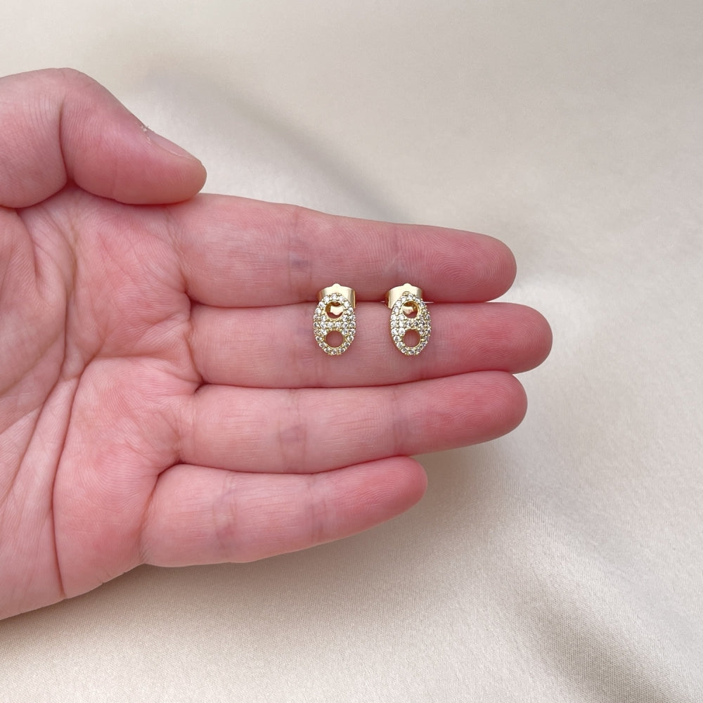 Oro Laminado Stud Earring, Gold Filled Style Puff Mariner Design, with White Micro Pave, Polished, Golden Finish