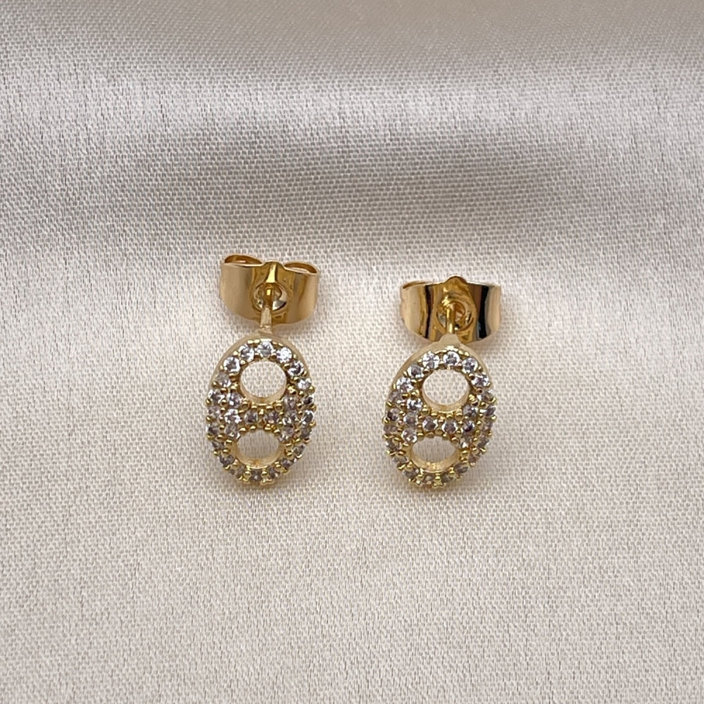 Oro Laminado Stud Earring, Gold Filled Style Puff Mariner Design, with White Micro Pave, Polished, Golden Finish