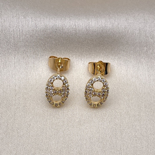 Oro Laminado Stud Earring, Gold Filled Style Puff Mariner Design, with White Micro Pave, Polished, Golden Finish
