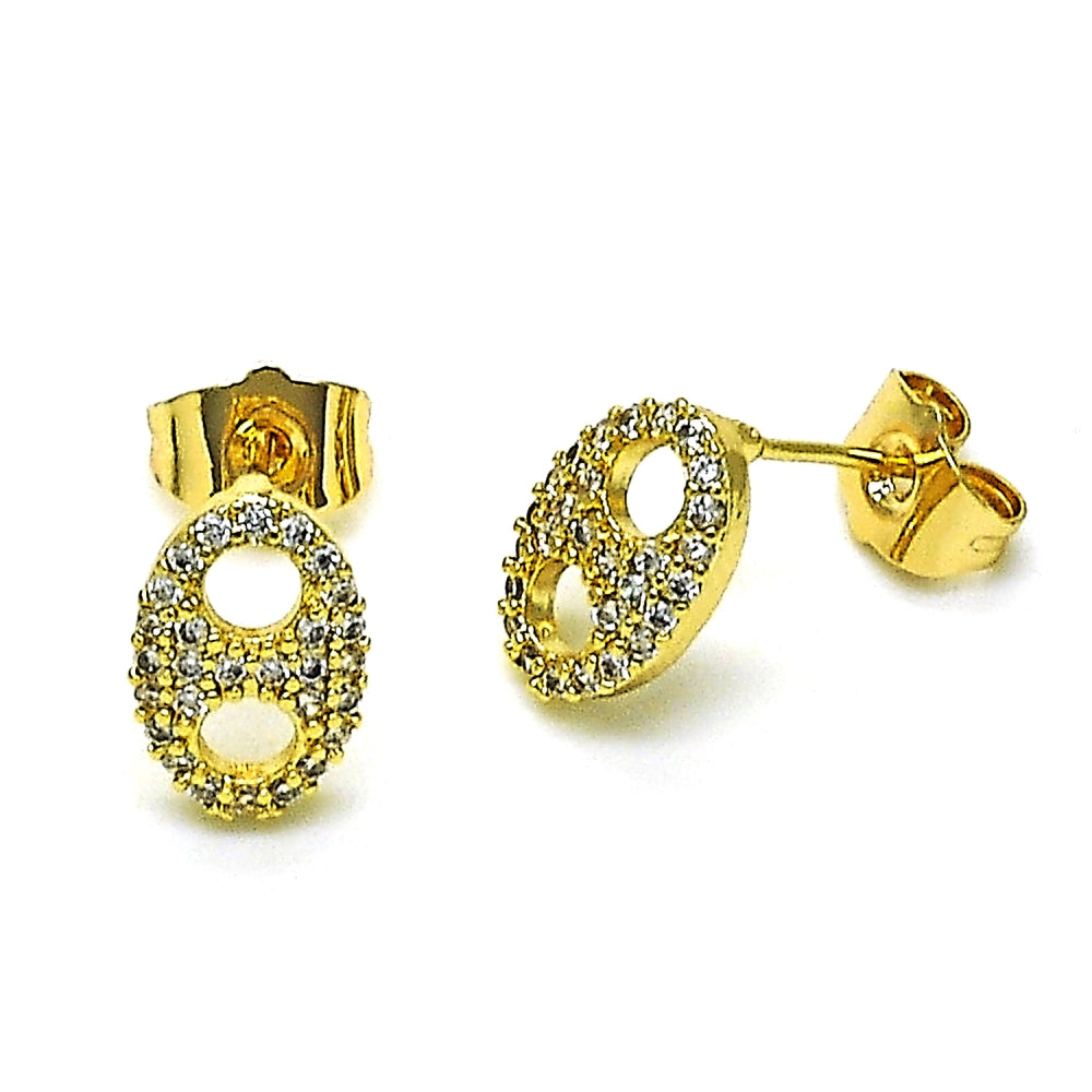 Oro Laminado Stud Earring, Gold Filled Style Puff Mariner Design, with White Micro Pave, Polished, Golden Finish