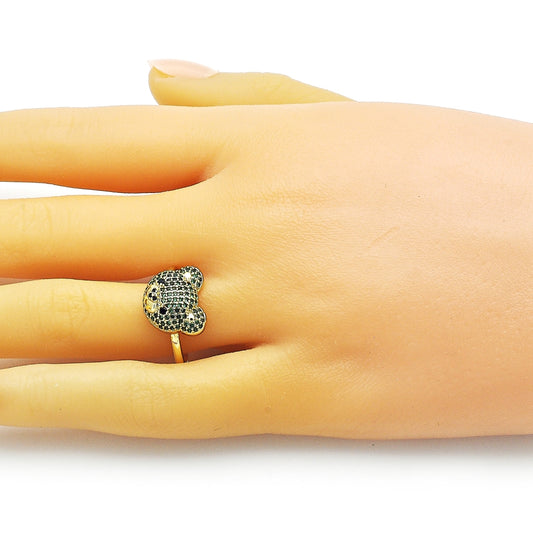 Oro Laminado Multi Stone Ring, Gold Filled Style Teddy Bear Design, with Green and Black Micro Pave, Polished, Golden Finish