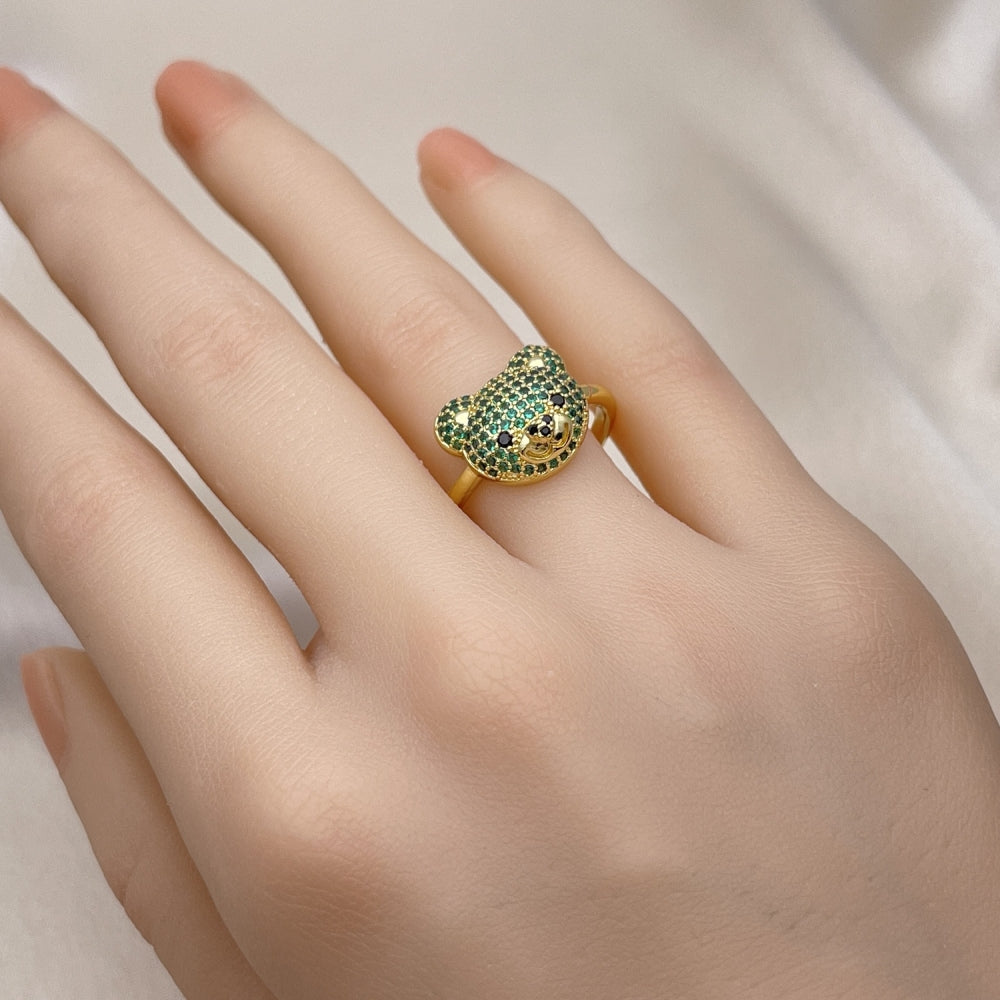Oro Laminado Multi Stone Ring, Gold Filled Style Teddy Bear Design, with Green and Black Micro Pave, Polished, Golden Finish