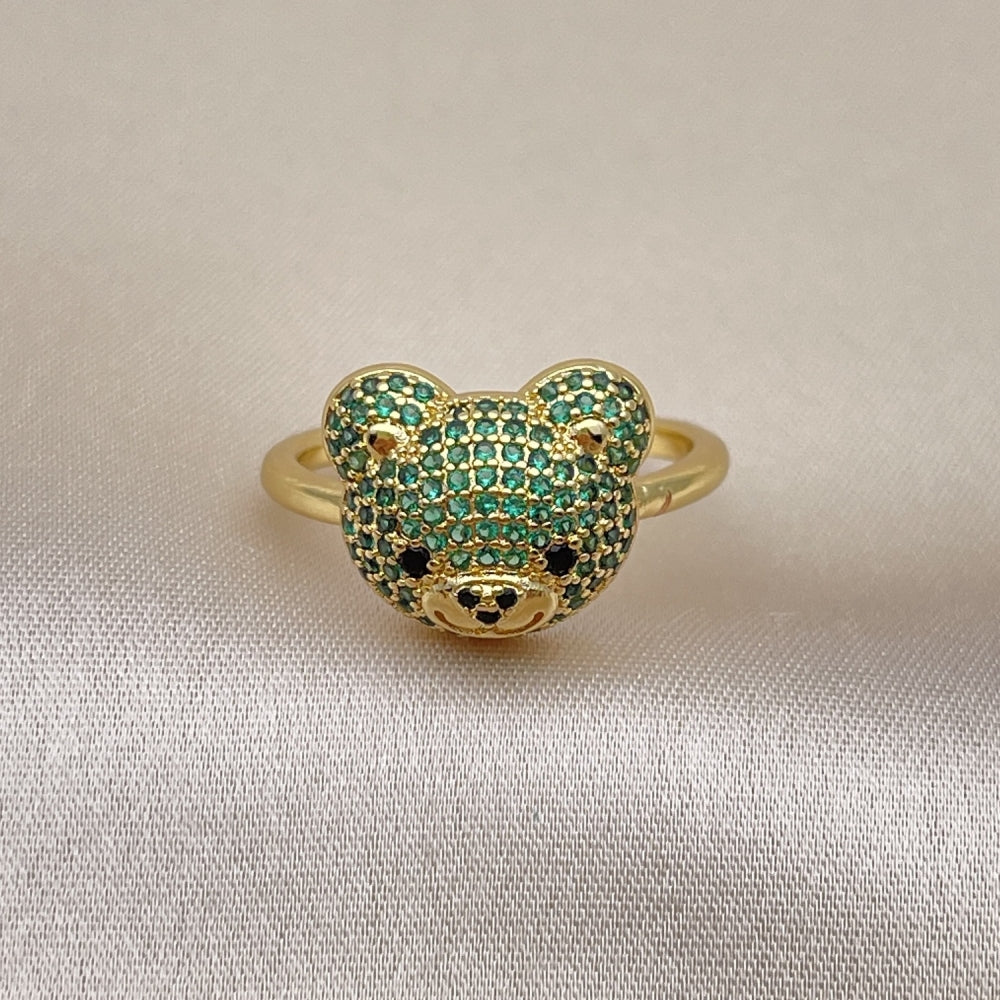 Oro Laminado Multi Stone Ring, Gold Filled Style Teddy Bear Design, with Green and Black Micro Pave, Polished, Golden Finish