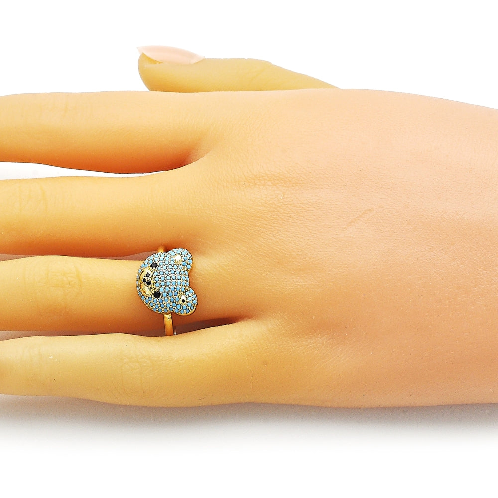 Oro Laminado Multi Stone Ring, Gold Filled Style Teddy Bear Design, with Turquoise and Black Micro Pave, Polished, Golden Finish