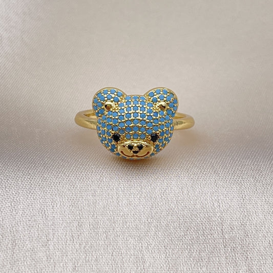Oro Laminado Multi Stone Ring, Gold Filled Style Teddy Bear Design, with Turquoise and Black Micro Pave, Polished, Golden Finish
