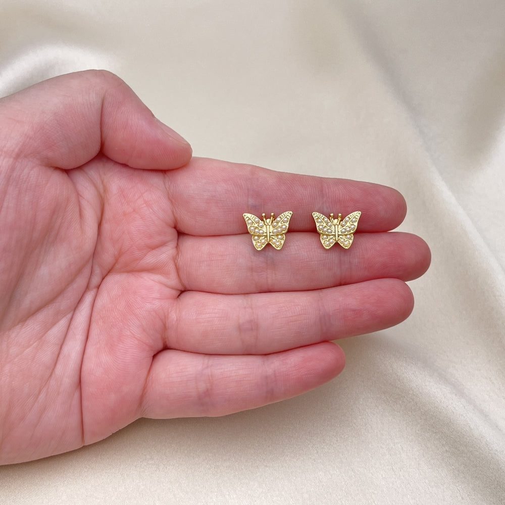 Oro Laminado Stud Earring, Gold Filled Style Butterfly Design, with Ivory Pearl, Polished, Golden Finish