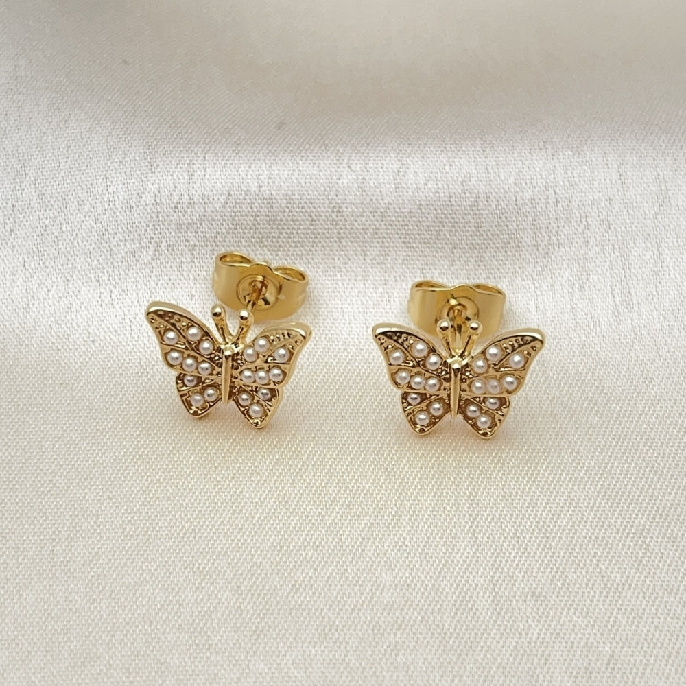 Oro Laminado Stud Earring, Gold Filled Style Butterfly Design, with Ivory Pearl, Polished, Golden Finish