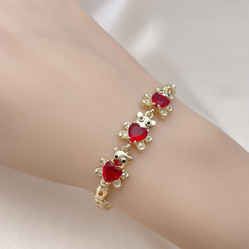 Oro Laminado Fancy Bracelet, Gold Filled Style Teddy Bear Design, with Garnet Cubic Zirconia and White Micro Pave, Polished, Golden Finish