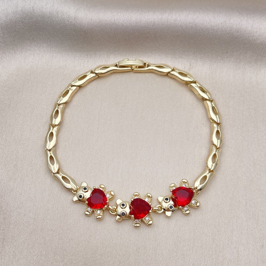 Oro Laminado Fancy Bracelet, Gold Filled Style Teddy Bear Design, with Garnet Cubic Zirconia and White Micro Pave, Polished, Golden Finish
