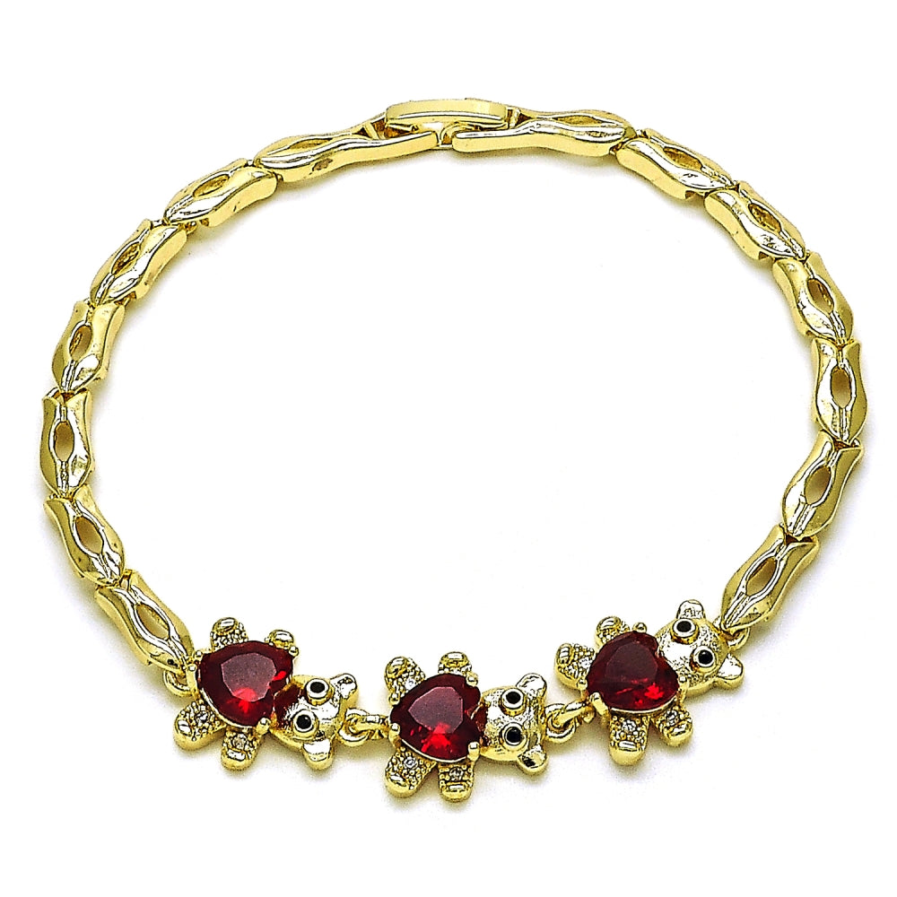 Oro Laminado Fancy Bracelet, Gold Filled Style Teddy Bear Design, with Garnet Cubic Zirconia and White Micro Pave, Polished, Golden Finish