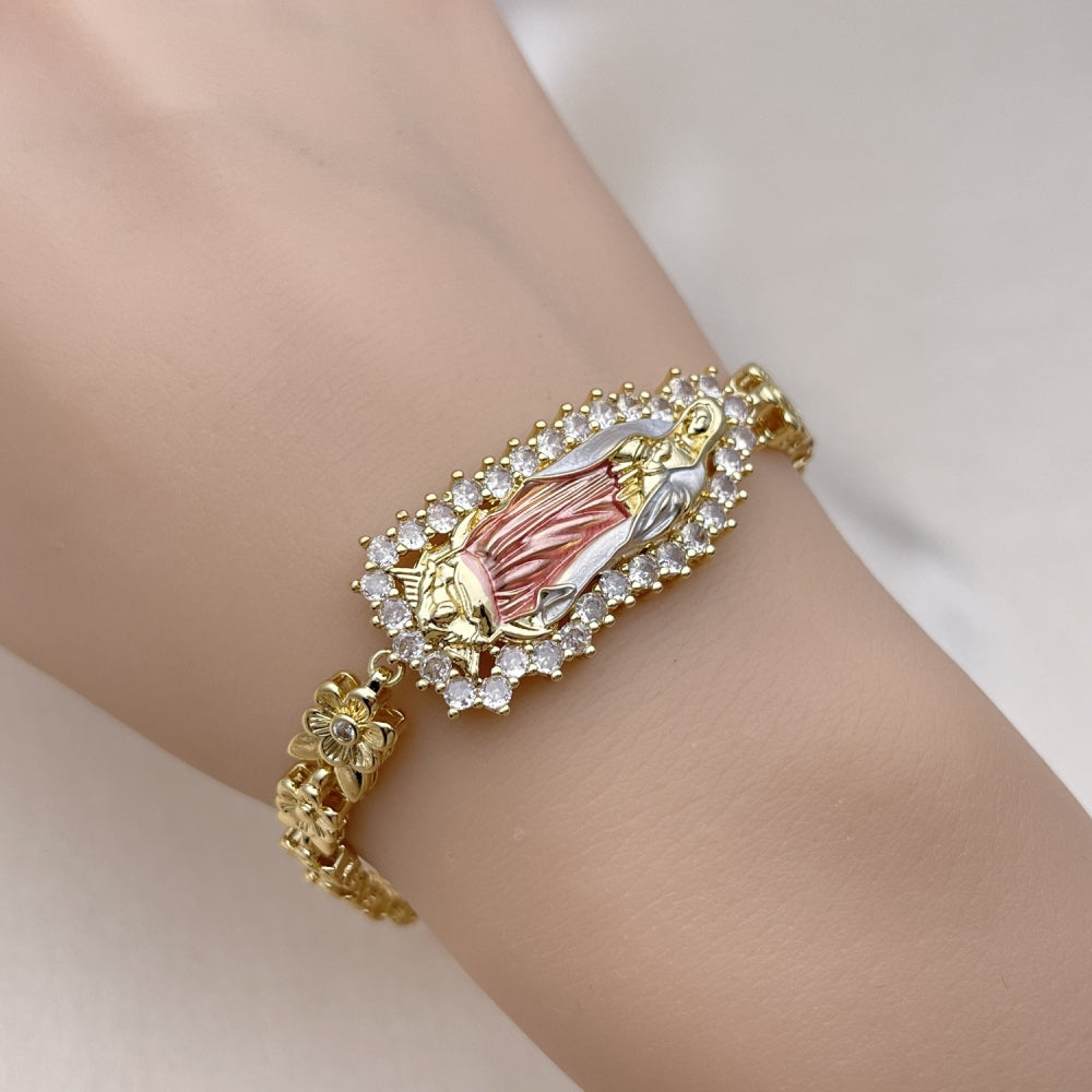 Oro Laminado Solid Bracelet, Gold Filled Style Guadalupe and Flower Design, with White Cubic Zirconia, Polished, Tricolor