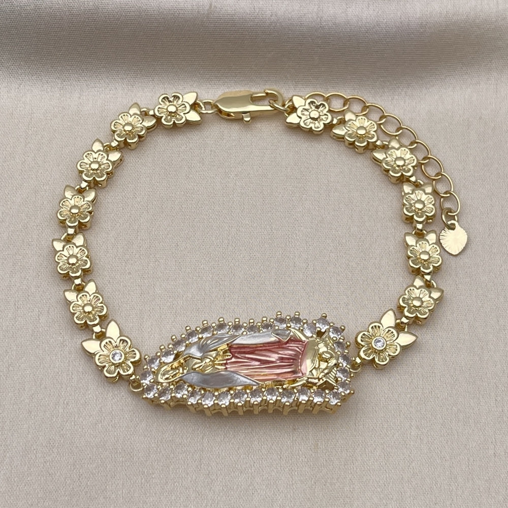 Oro Laminado Solid Bracelet, Gold Filled Style Guadalupe and Flower Design, with White Cubic Zirconia, Polished, Tricolor