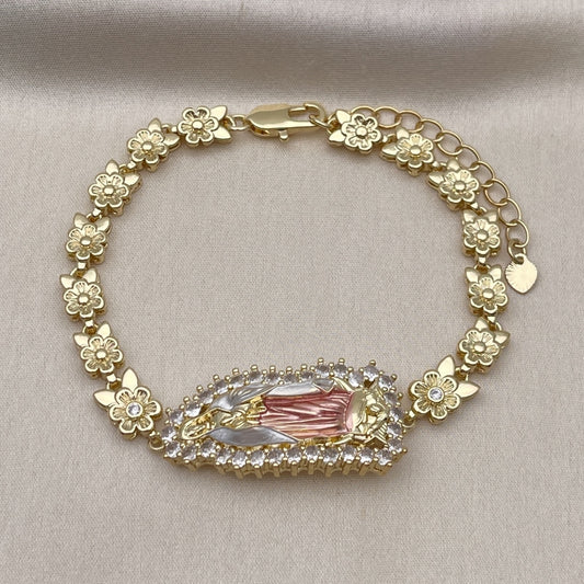Oro Laminado Solid Bracelet, Gold Filled Style Guadalupe and Flower Design, with White Cubic Zirconia, Polished, Tricolor