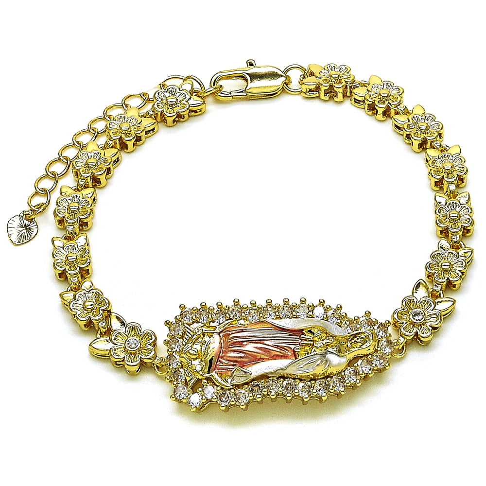 Oro Laminado Solid Bracelet, Gold Filled Style Guadalupe and Flower Design, with White Cubic Zirconia, Polished, Tricolor