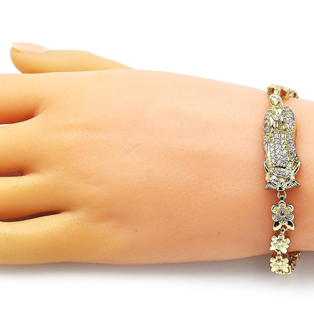Oro Laminado Solid Bracelet, Gold Filled Style Guadalupe and Flower Design, with White Cubic Zirconia, Polished, Golden Finish