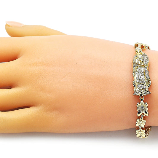 Oro Laminado Solid Bracelet, Gold Filled Style Guadalupe and Flower Design, with White Cubic Zirconia, Polished, Golden Finish