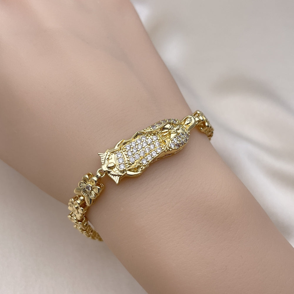 Oro Laminado Solid Bracelet, Gold Filled Style Guadalupe and Flower Design, with White Cubic Zirconia, Polished, Golden Finish