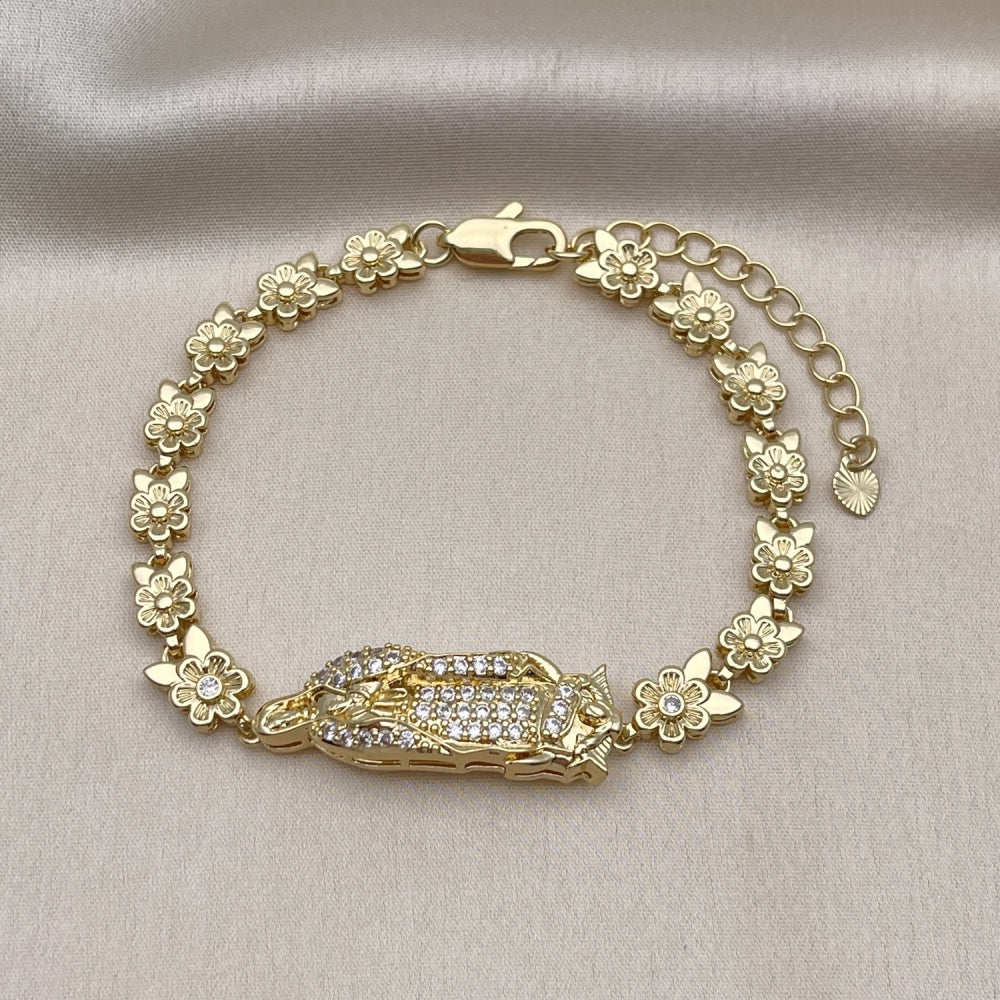 Oro Laminado Solid Bracelet, Gold Filled Style Guadalupe and Flower Design, with White Cubic Zirconia, Polished, Golden Finish