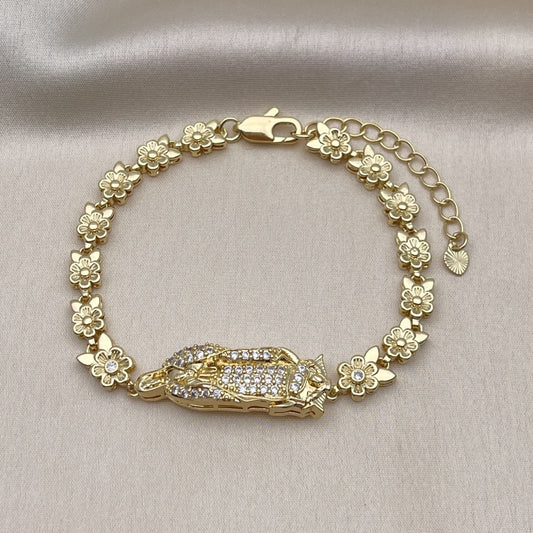 Oro Laminado Solid Bracelet, Gold Filled Style Guadalupe and Flower Design, with White Cubic Zirconia, Polished, Golden Finish
