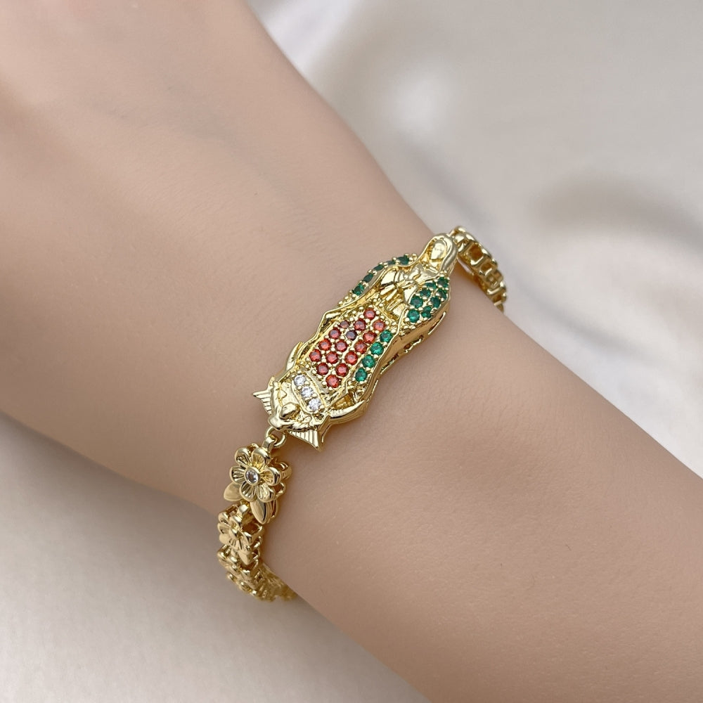 Oro Laminado Solid Bracelet, Gold Filled Style Guadalupe and Flower Design, with Multicolor Cubic Zirconia, Polished, Golden Finish