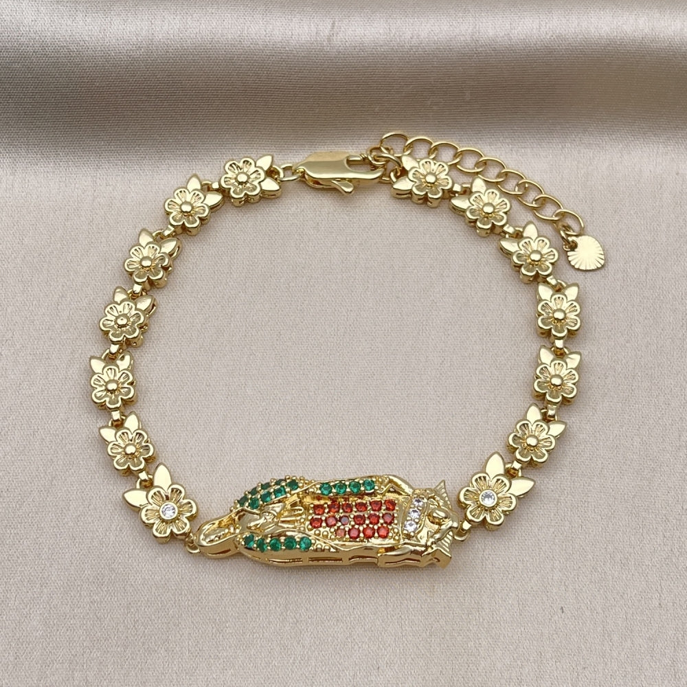 Oro Laminado Solid Bracelet, Gold Filled Style Guadalupe and Flower Design, with Multicolor Cubic Zirconia, Polished, Golden Finish