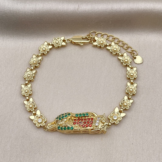 Oro Laminado Solid Bracelet, Gold Filled Style Guadalupe and Flower Design, with Multicolor Cubic Zirconia, Polished, Golden Finish