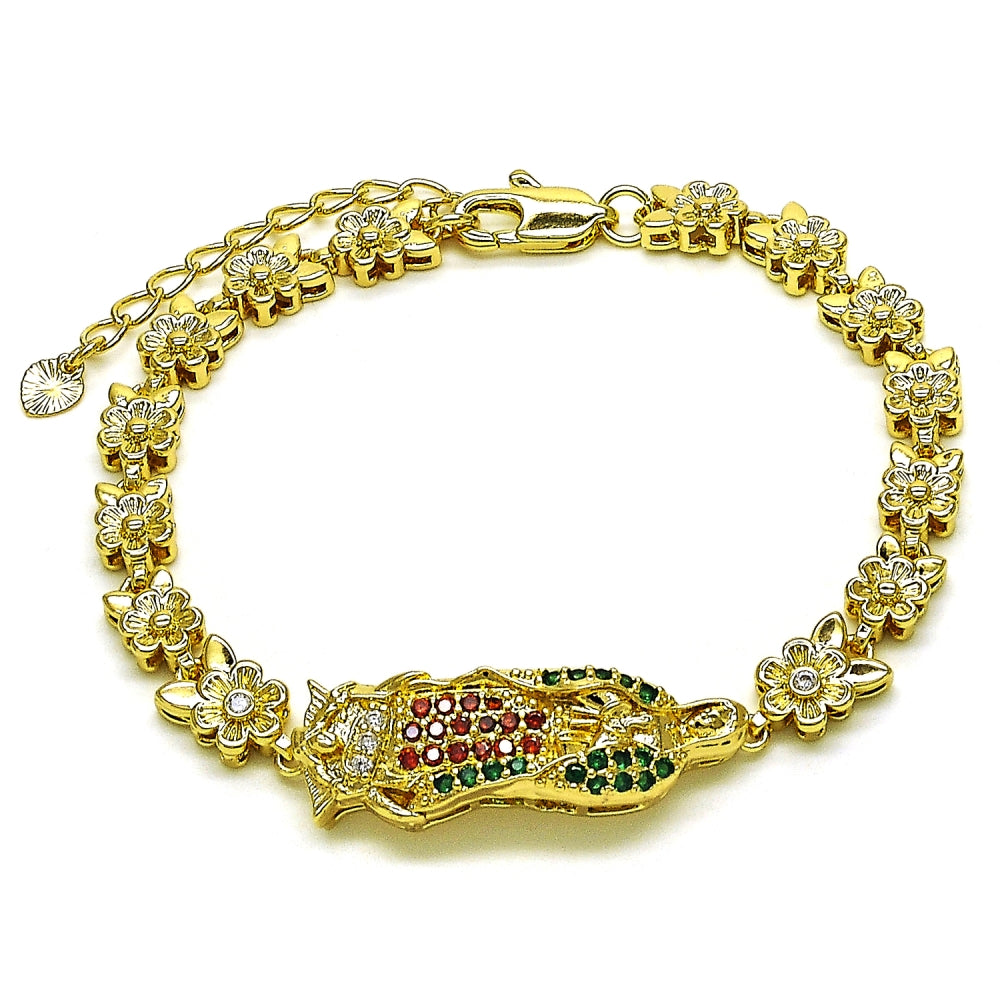 Oro Laminado Solid Bracelet, Gold Filled Style Guadalupe and Flower Design, with Multicolor Cubic Zirconia, Polished, Golden Finish