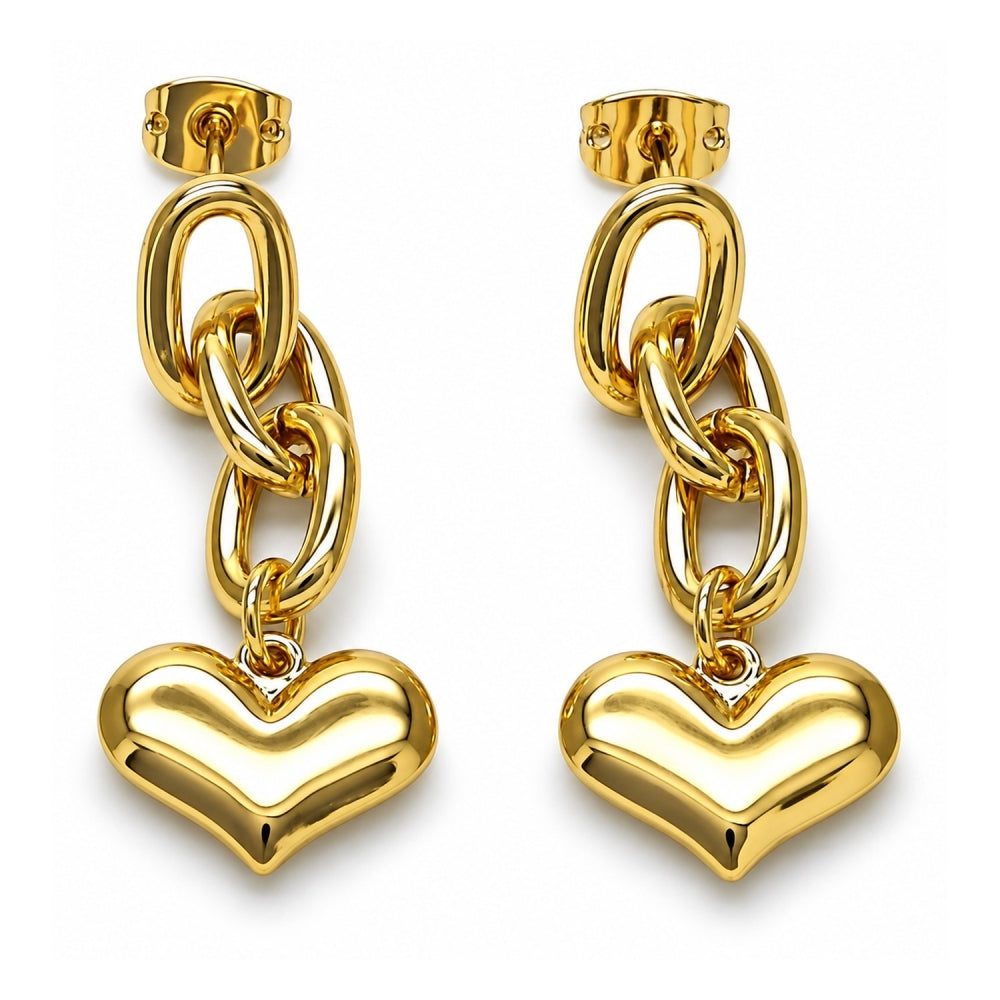 Oro Laminado Long Earring, Gold Filled Style Paperclip and Heart Design, Polished, Golden Finish