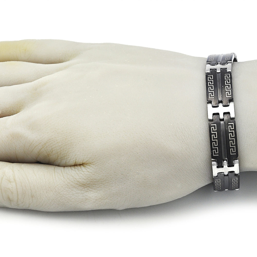 Stainless Steel Solid Bracelet, Greek Key Design, Polished, Two Tone