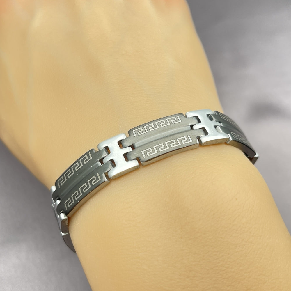Stainless Steel Solid Bracelet, Greek Key Design, Polished, Two Tone