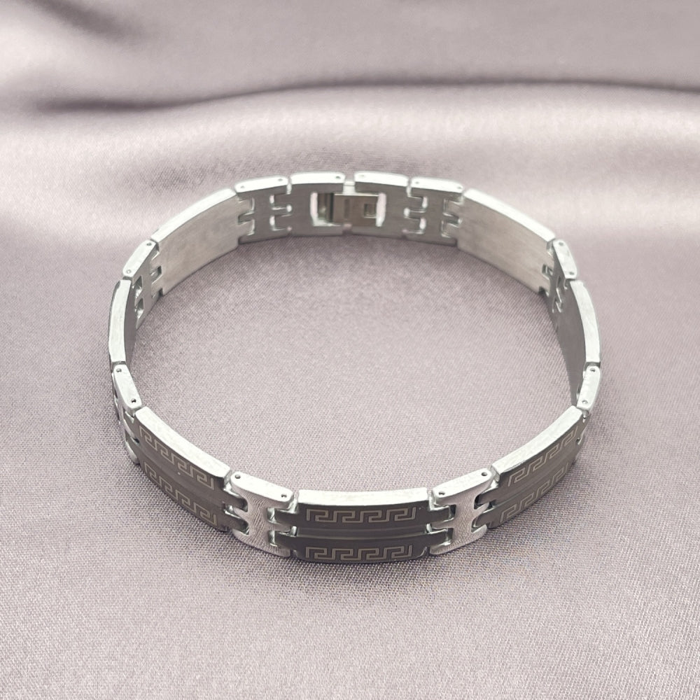 Stainless Steel Solid Bracelet, Greek Key Design, Polished, Two Tone