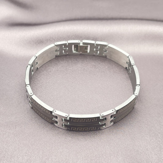 Stainless Steel Solid Bracelet, Greek Key Design, Polished, Two Tone