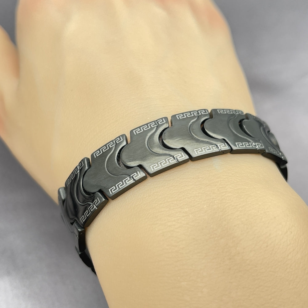 Stainless Steel Solid Bracelet, Greek Key Design, Polished, Black Rhodium Finish