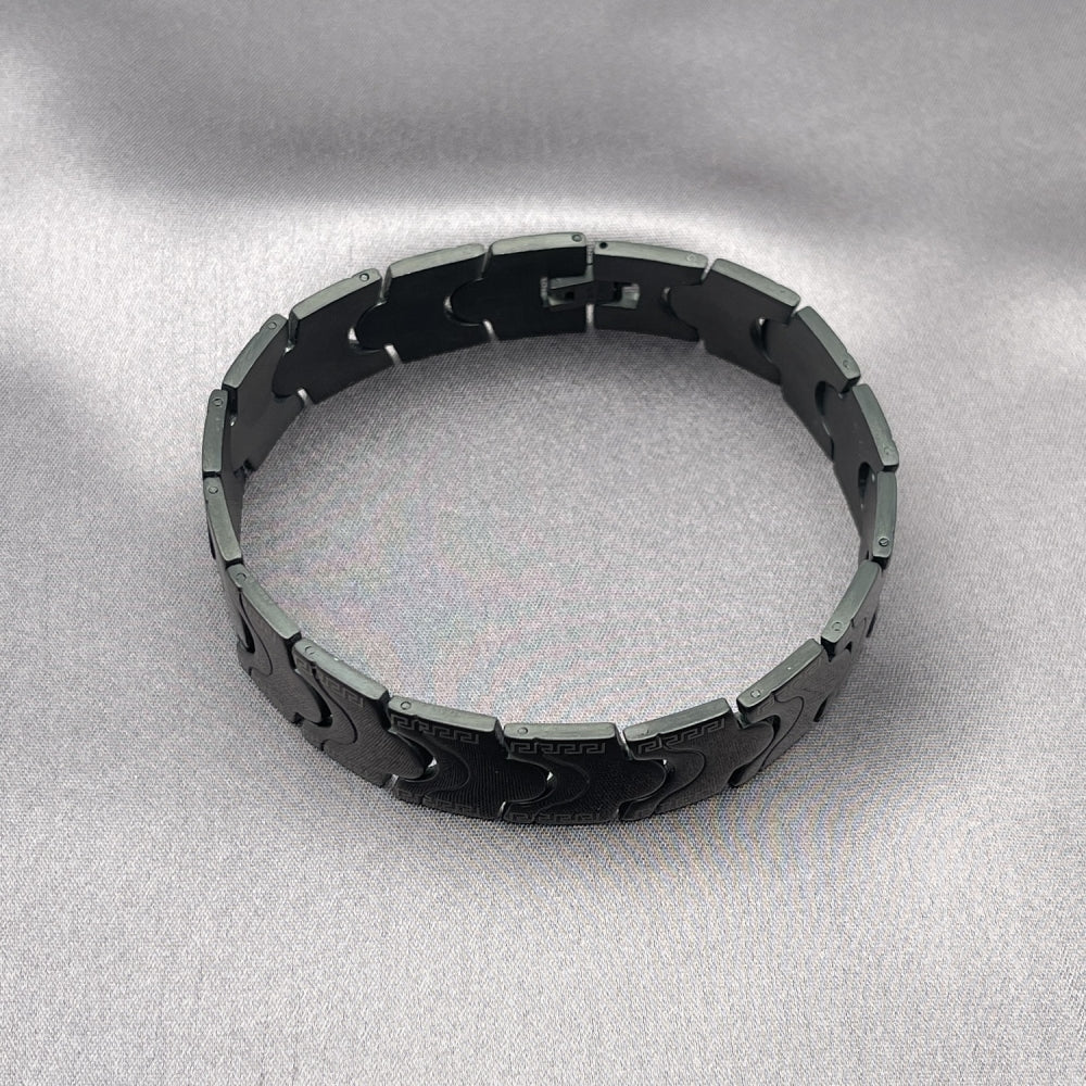 Stainless Steel Solid Bracelet, Greek Key Design, Polished, Black Rhodium Finish