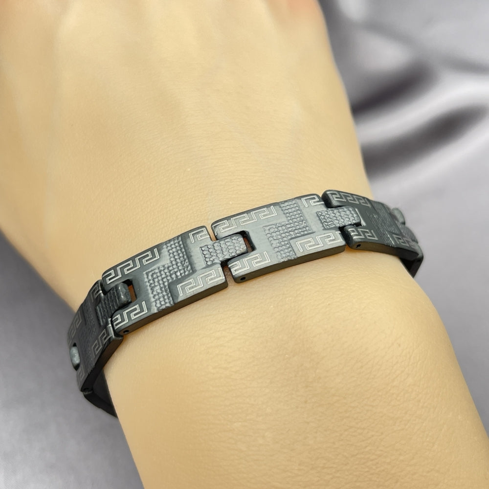 Stainless Steel Solid Bracelet, Greek Key Design, Polished, Black Rhodium Finish