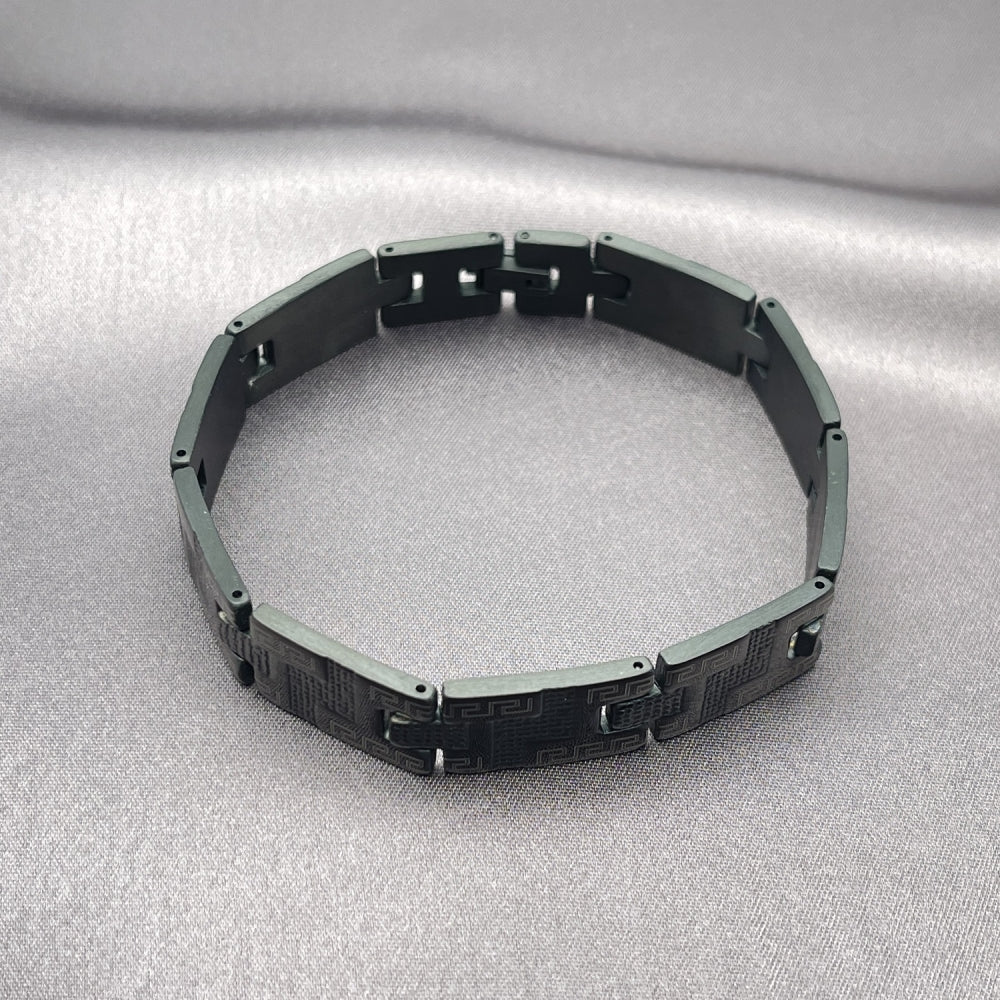 Stainless Steel Solid Bracelet, Greek Key Design, Polished, Black Rhodium Finish