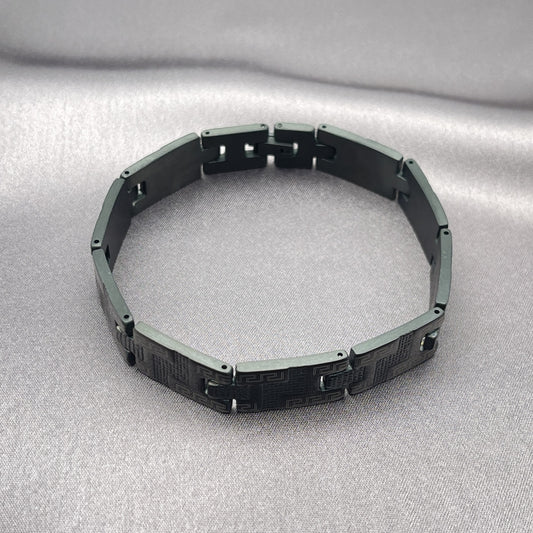 Stainless Steel Solid Bracelet, Greek Key Design, Polished, Black Rhodium Finish