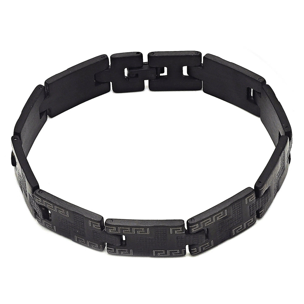 Stainless Steel Solid Bracelet, Greek Key Design, Polished, Black Rhodium Finish