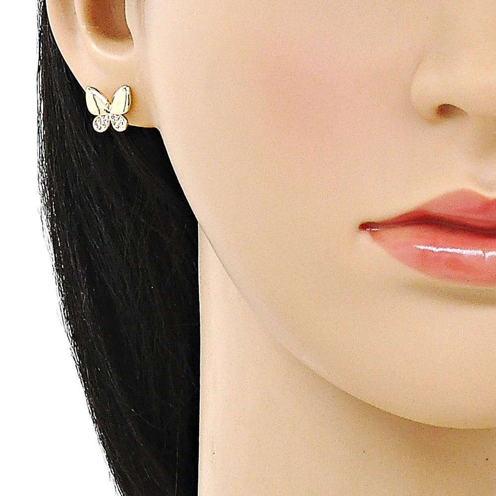 Oro Laminado Stud Earring, Gold Filled Style Butterfly Design, with White Micro Pave, Polished, Golden Finish
