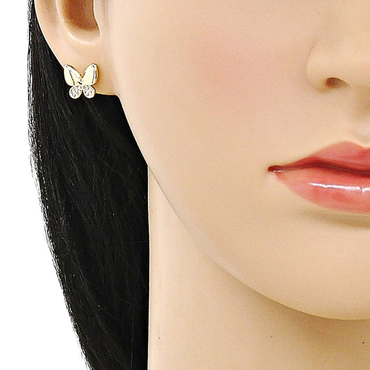 Oro Laminado Stud Earring, Gold Filled Style Butterfly Design, with White Micro Pave, Polished, Golden Finish