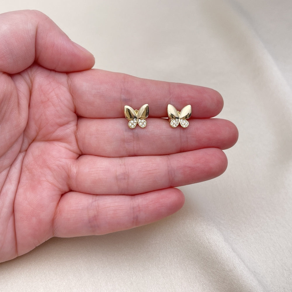Oro Laminado Stud Earring, Gold Filled Style Butterfly Design, with White Micro Pave, Polished, Golden Finish