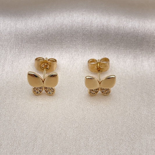 Oro Laminado Stud Earring, Gold Filled Style Butterfly Design, with White Micro Pave, Polished, Golden Finish