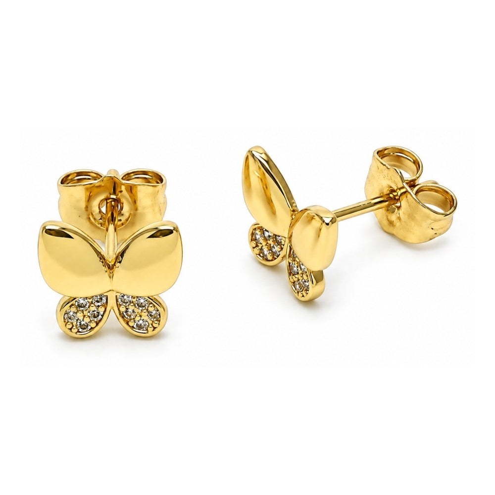 Oro Laminado Stud Earring, Gold Filled Style Butterfly Design, with White Micro Pave, Polished, Golden Finish