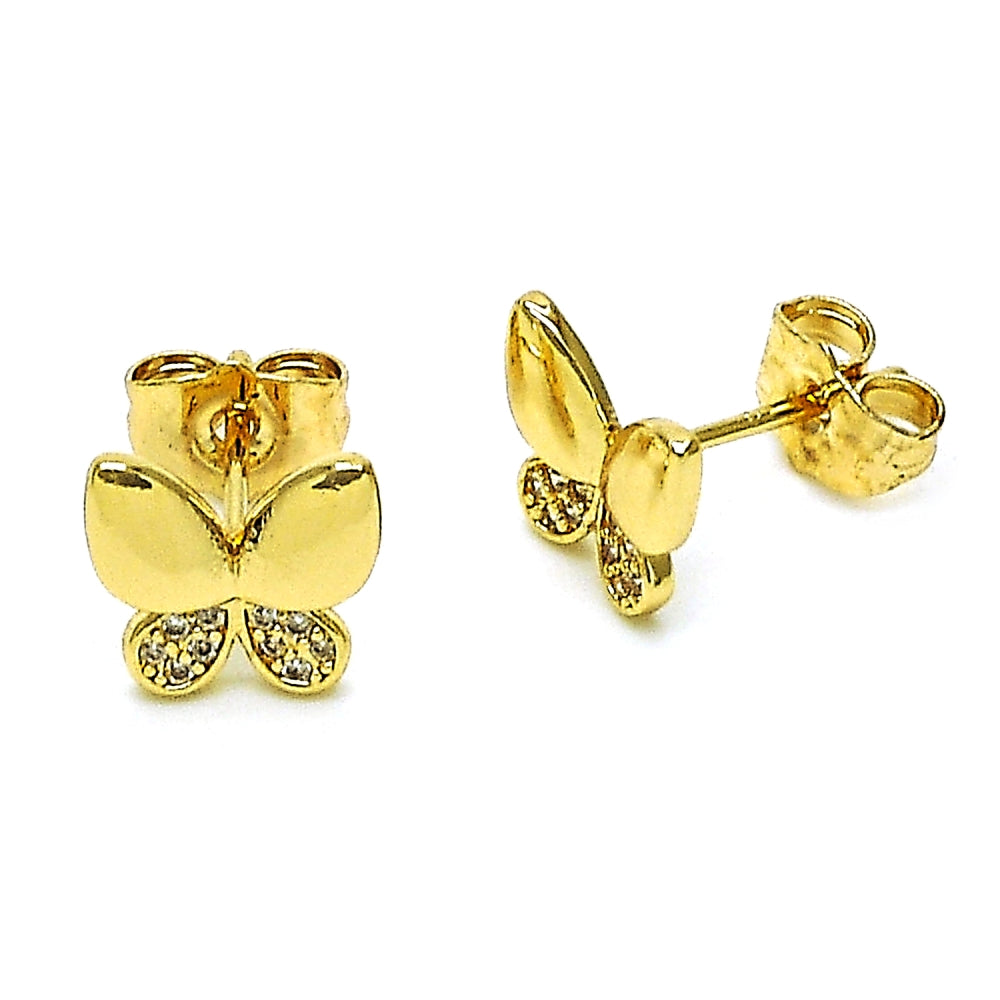 Oro Laminado Stud Earring, Gold Filled Style Butterfly Design, with White Micro Pave, Polished, Golden Finish