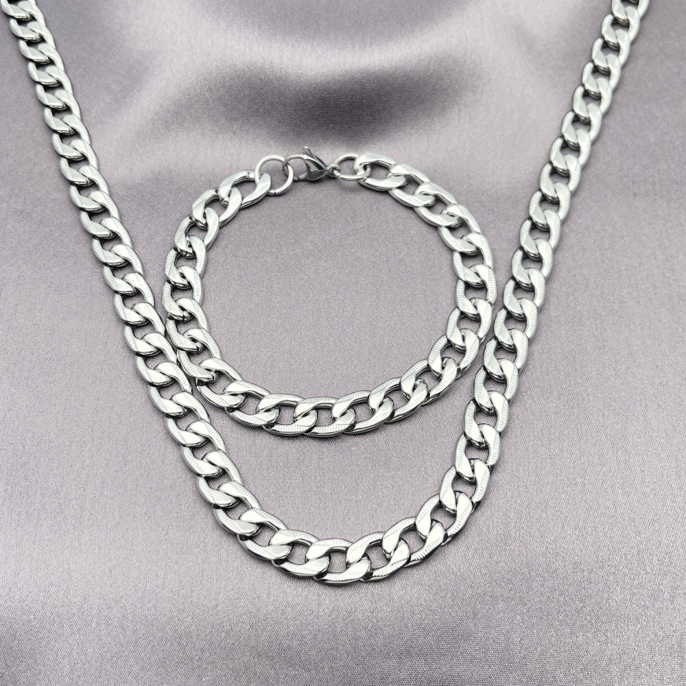 Stainless Steel Necklace and Bracelet, Pave Cuban Design, Diamond Cutting Finish, Steel Finish