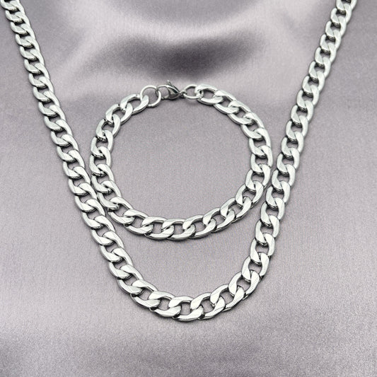 Stainless Steel Necklace and Bracelet, Pave Cuban Design, Diamond Cutting Finish, Steel Finish