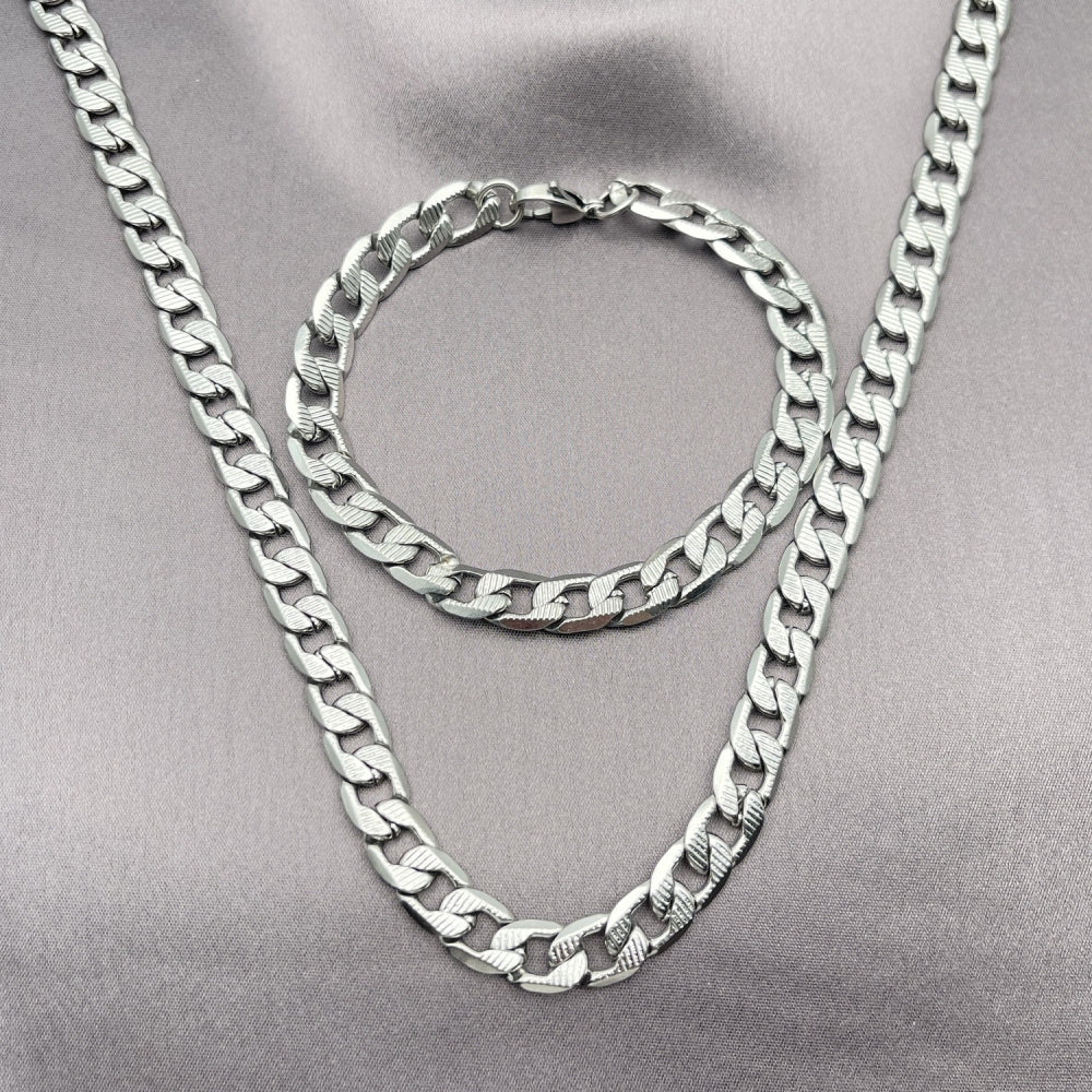 Stainless Steel Necklace and Bracelet, Pave Cuban Design, Diamond Cutting Finish, Steel Finish