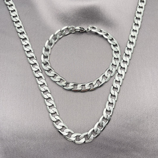 Stainless Steel Necklace and Bracelet, Pave Cuban Design, Diamond Cutting Finish, Steel Finish