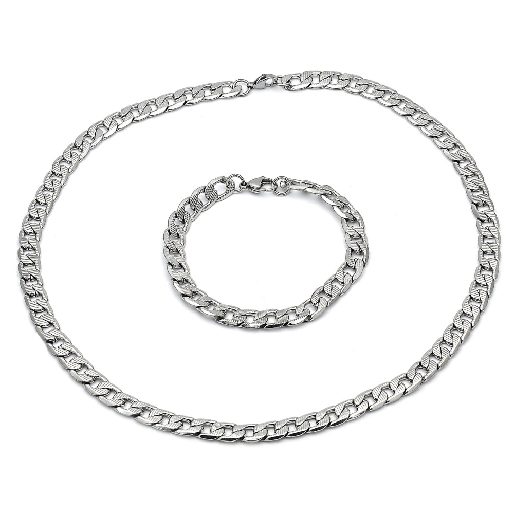 Stainless Steel Necklace and Bracelet, Pave Cuban Design, Diamond Cutting Finish, Steel Finish